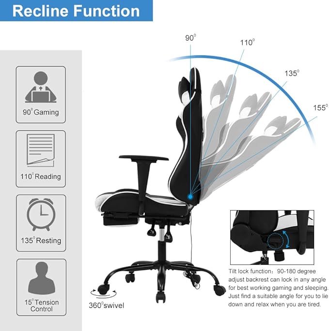 SNANA Modern White Gaming Chair High Back PU Leather Ergonomic Adult 250 lbs Capacity 17.7 D x 26.4 W x 33 H
