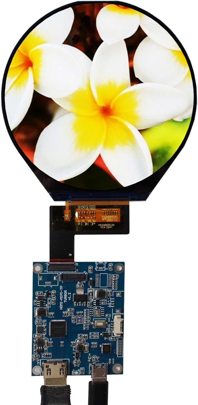 3.4 inch 800x800 IPS MIPI 330nit Round LCD Screen and 39 pins Controller BoardMicro USB Power Port