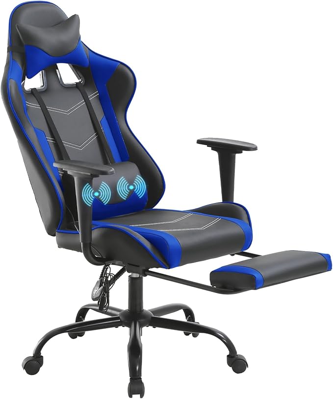 PayLessHere Racing Gaming Chair Office Massage Chair Ergonomic Recliner with Computer Desk PU Leather Lumbar Support Footrest Rolling Swivel and Task Function Ultimate Comfort for Adults (Blue)