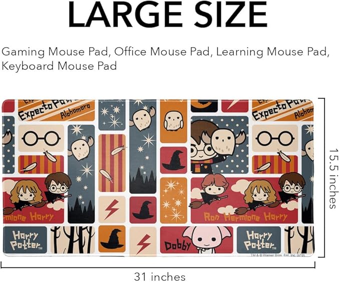 Harry Potter Cute Chibi Pattern Large Gaming Mouse Pad Desk Mat with Stitched Edges Non-Slip Base for Gamer Home and Office 31.5 x 15.7