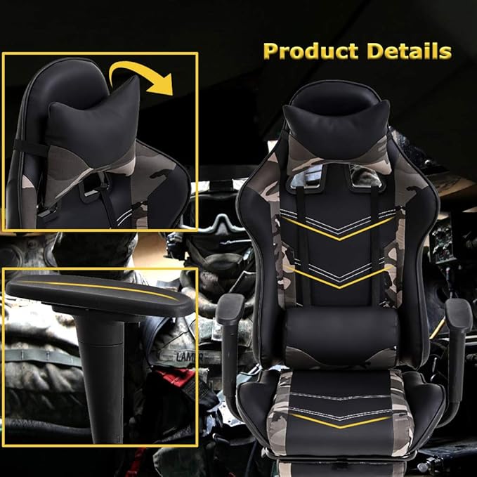 Gaming Chair Racing Office Chair Ergonomic Desk Chair Massage PU Leather Recliner PC Computer Chair with Lumbar Support Headrest Armrest Footrest Rolling Swivel Task Chair for Women Adults Camo