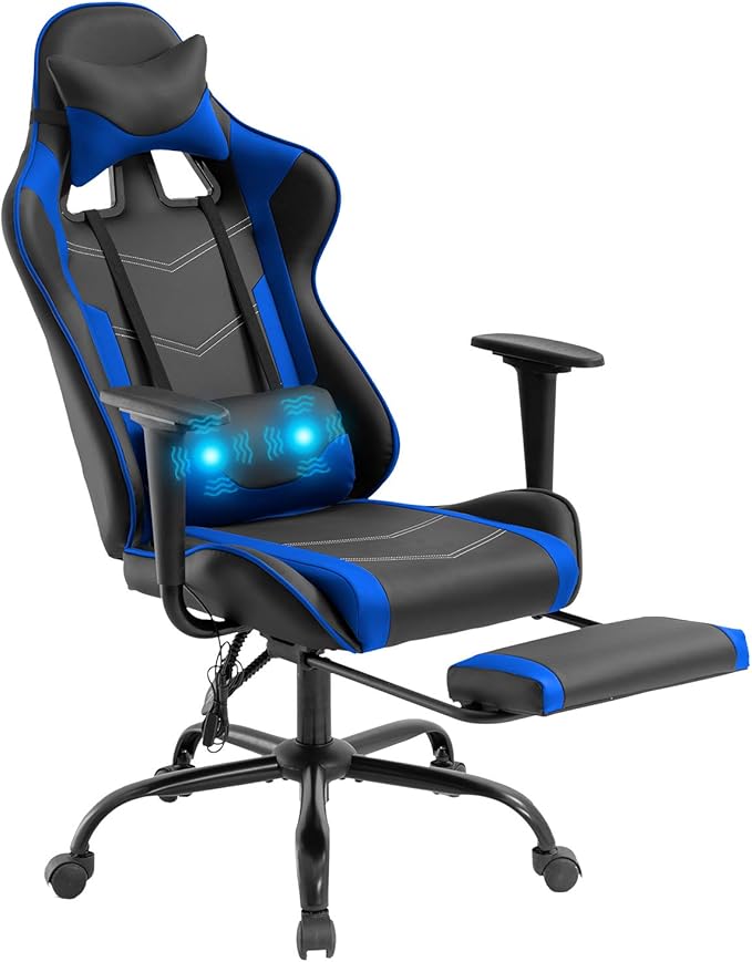 Ergonomic Gaming Chair PU Leather Massage Gaming Chair with Footrest/Armrest/Lumbar Support for Adults Gaming Work Study Racing Style Computer Chairs Big and Tall Gaming Chair
