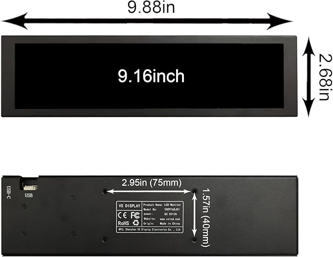 VSDISPLAY 9.16 Inch PC Case LCD Screen with Theme Editor 1920x462 IPS Stretched Bar Display for Monitoring Computer Temp RAM CPU GPU DataBlack