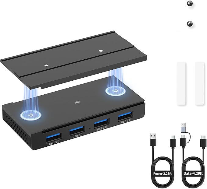EJAY 4-Port Magnetic USB 3.0 Hub with 5Gbps Speed Aluminum USB Adapter for MacBook/Laptop/Desktop Industrial-Strength Magnetic Mount 3-Way Installation 59+39 Cables Black