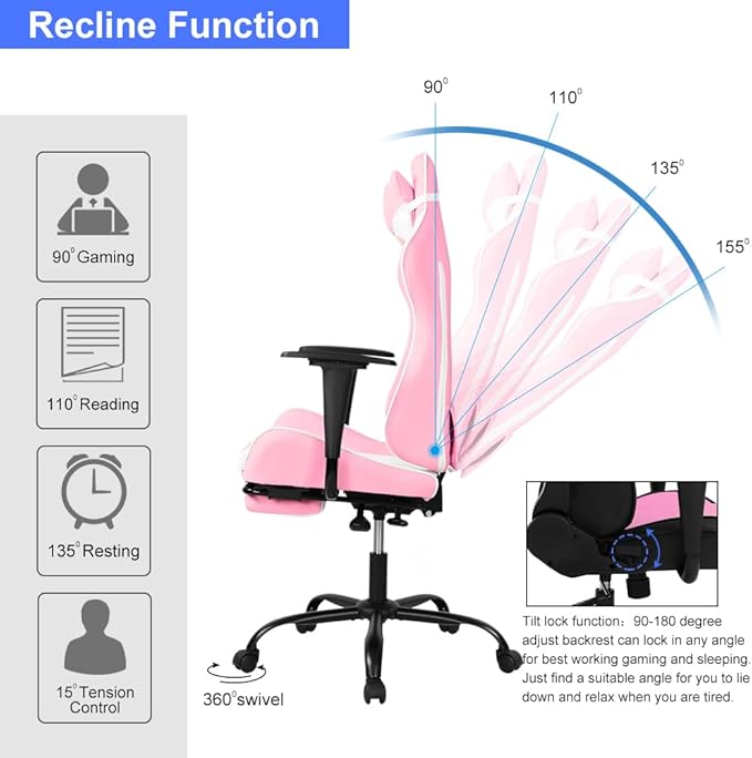 Gaming Chair with Massage &amp Footrest - Ergonomic Racing Office Chair for Adults Women Gamers - Adjustable Reclining PC Gaming and Home Office Desk Chair with Lumbar Support Pink