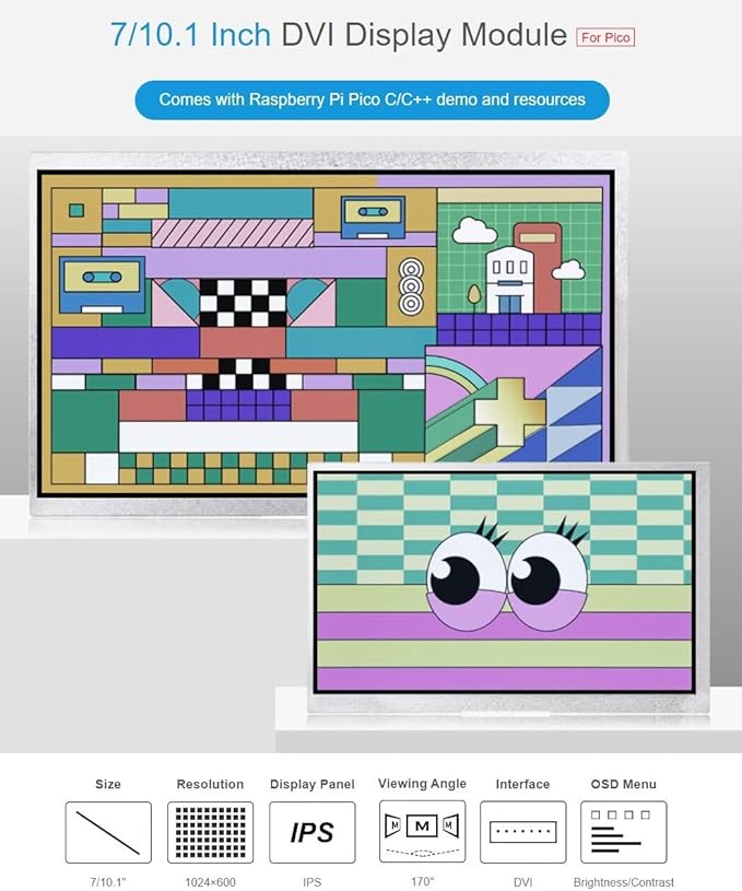 7 inch DVI Display Module for Raspberry Pi Pico IPS Panel 1024×600 Pixel DVI Interface Communication Suitable for Advertisement Picture Display and Other Application Scenarios (PICO-DVI-7inch)