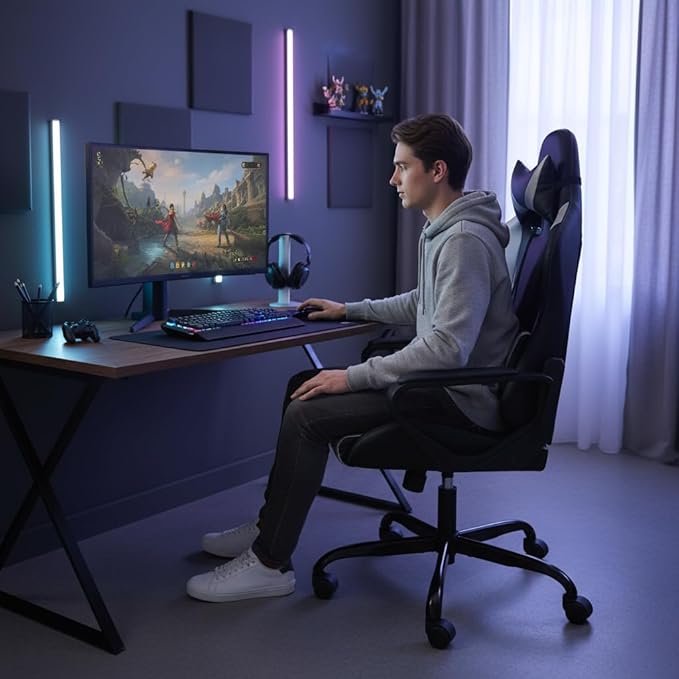 Ergonomic High Back Gaming Chair &amp Office Chair PU Leather &amp Adjustable &amp Easy Assembly &amp BIFMA Certified for Home/Office (Gray) (White)