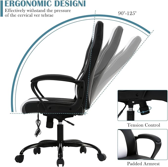Executive PC Gaming Chair with Lumbar Support &amp Headrest - Ergonomic Leather Racer Task Chair for Home Office Gaming Room - Heavy Duty &amp Comfortable (White)