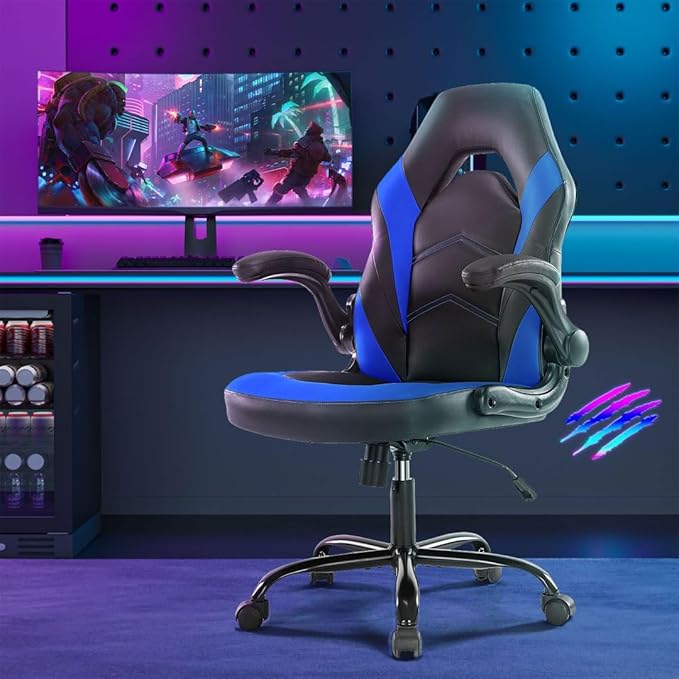 Heavy Duty Gaming Chair Ergonomic Gamer for Home Office with Lumbar Support Adjustable Backrest Flip-Up Armrest and Stable 360° Swivel Wheels for Adults Professional Gamers and Teens Black-Blue