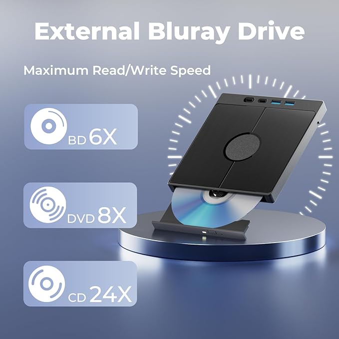 7-in-1 External Blu-ray Drive External Bluray Burner Support 100G Disc External Blueray/DVD Drive for PC with USB 3.0/Type-C/SD/TF Card Ports USB Blu Ray Drive External for Windows Mac OS Linux