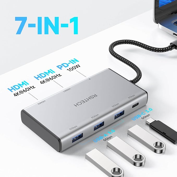 RSHTECH 7-in-1 USB C Hub Multiport Adapter with 2x4K@60Hz HDMI USB-3.0 Data Ports(3A+1C) 100W PD Aluminum USB-C Docking Station Dual Monitor for Laptops and MacBook