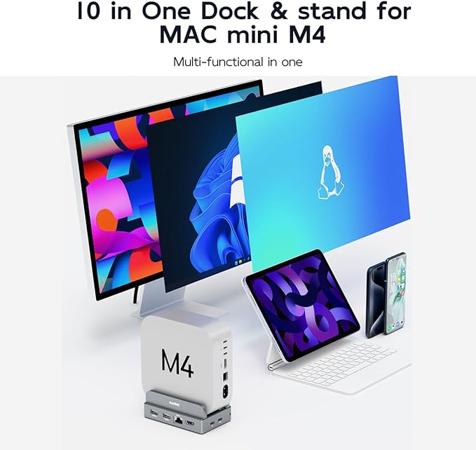 MAIWO Mac mini M4 Dock &amp Stand with M.2 SATA NVMe Enclosure 9-in-1 M4 Pro Hub with 2xUSBA 3.1 1xUSBA 2.0 USB C Data Port Up to 10Gbps 1 Gigabit Ethernet Port MIC Audio HD 4K Port SD/TF Slot