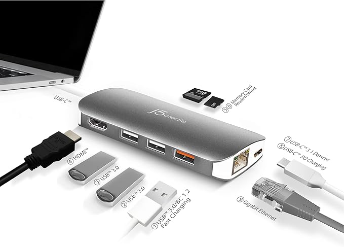 j5create USB-C 9-in-1 Multi Adapter Multi Adapter HDMI/Ethernet/USB 3.1 SD and MicroSD/PD 3.0 | 4K HDMI for MacBook | ChromeBook |USB-C Devices (JCD383)