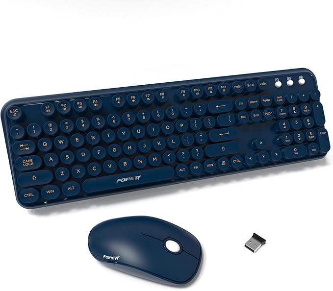 FOPETT Wireless Keyboard and Mouse Combo 104 Keys Full-Sized 2.4 GHz Round Keycap Colorful Keyboards USB Receiver Plug and Play for Windows Mac PC Laptop Desktop (DarkBlue)