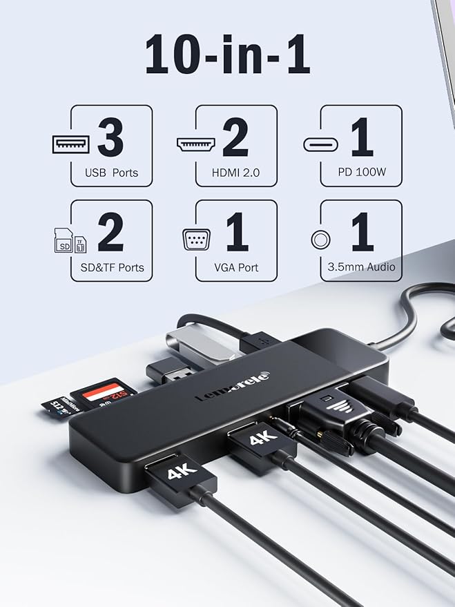Lemorele 10 in 1 USB C Docking Station 3*DisplayUSB-C Hub with 2X HDMI 4K 3X USB 3.0/2.0 VGA 100W PD Audio SD/TF for Windows MacBook Dell HP Lenovo Surface