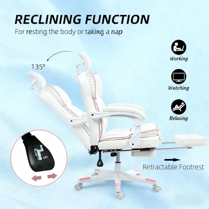 Ergonomic Office Desk Gaming Computer Chair Comfy High Back Executive Chairs with Armrests and Footrest Adjustable Height Swivel Rolling PU Leather Video Game Chairs for Home (White)