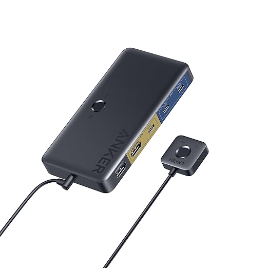 Anker USB 3.0 HDMI KVM Switch 5 USB 3.0 Ports Supports 4K@60Hz Magnetic Remote Button for One-Click Switch Between Laptop and Desktop Works with Dell MacBook iPad and More (Cables Included)