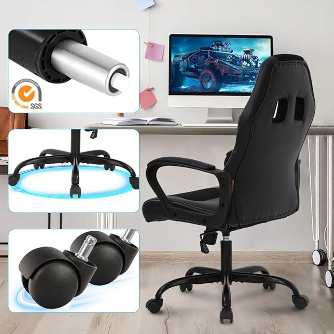 Gaming Chair Ergonomic Computer Desk Chair Adjustable PU Leather Racing Chairs with Lumbar Support Armrest High Back Swivel Computer Chairs for Adults Black