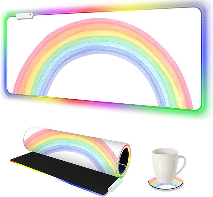 AIMSA RGB Gaming Mouse Pad Large Keyboard Mousepad Led Extended 35.4 x 15.8 inch Non-Slip Rubber Base with 14 Lighting Modes Big Desk Mat Waterproof White Rainbow