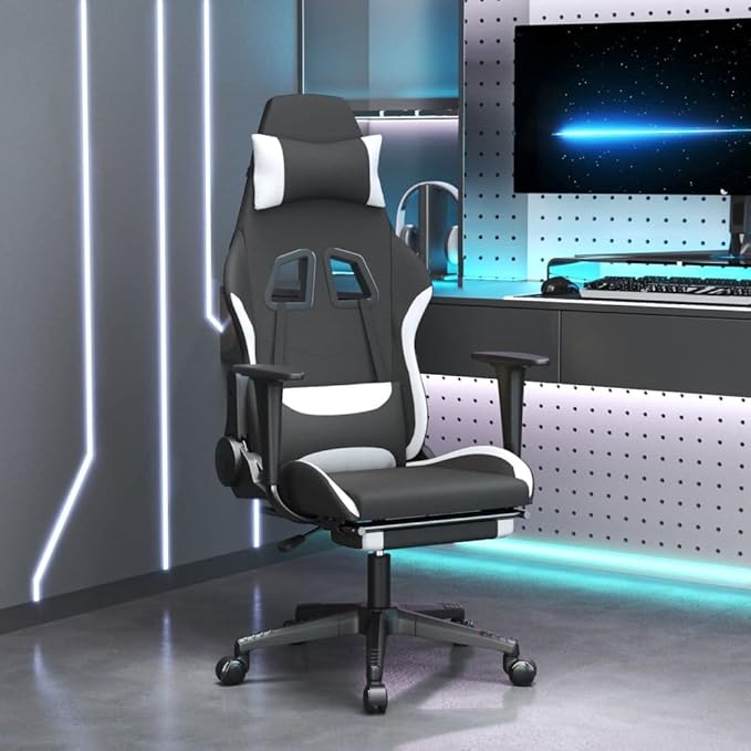 Gaming Chair with Footrest Ergonomic Office Chair Computer Chair with Footrest and Lumbar Support Height Adjustable Game Chair with 360°Swivel Seat Black and White Fabric -AA