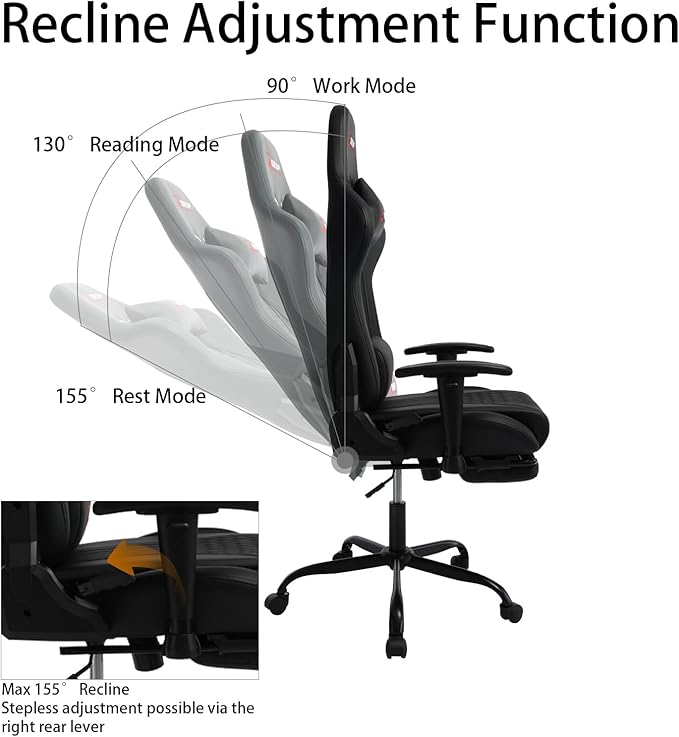 Video Game Chair with Footrest Ergonomic Gaming Chair Comfortable Office Chair Height-Adjustable 360° Swivel Base and Headrest(1002-Black)