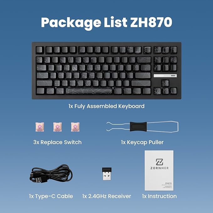 ZORNHER ZH870 Wireless Gaming Mechanical Keyboard80% Black Custom Creamy Sound Keyboard with Spider Web IMD PC KeycapsCreamy Sounding Linear SwitchesHot-SwappableRGB Backlit2.4GHz/USB-C/BT5.0