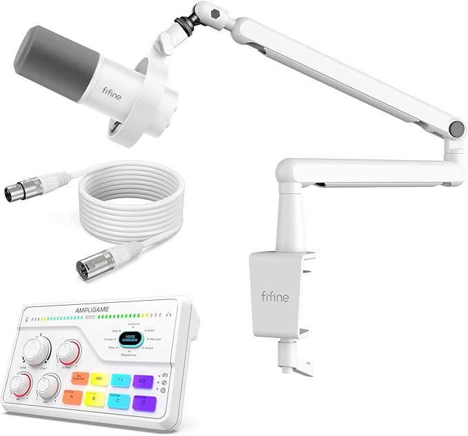 FIFINE All-in-one Audio Kit XLR Podcast Dynamic Mic with Tap-to-MuteXLR Cable &amp Adjustable Low Profile Arm Audio Mixer Mic with 48V Phantom Power for Gaming Studio-K688W+BM88W+SC8W+L9W
