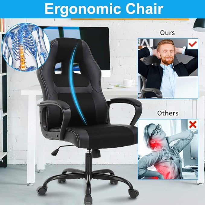 Gaming Chair Ergonomic Computer Desk Chair Adjustable PU Leather Racing Chairs with Lumbar Support Armrest High Back Swivel Computer Chairs for Adults Black