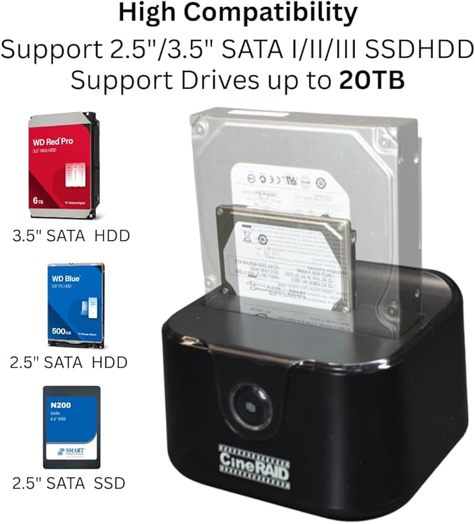 CR-H116 USB 3.2 Gen 1 to SATA External Single Bay Hard Drive Docking Station for 2.5/3.5 HDD/SSd Up to 20TB Type-C Adapter - UASP Supported (5 GB/s) Balck