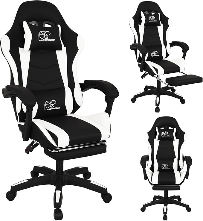 Gaming Chair Office Chair Reclining High-Back PU Leather Computer Desk Chair with Headrest and Lumbar Support suitable for gaming chairs office storage office shelving and more（Black+White）
