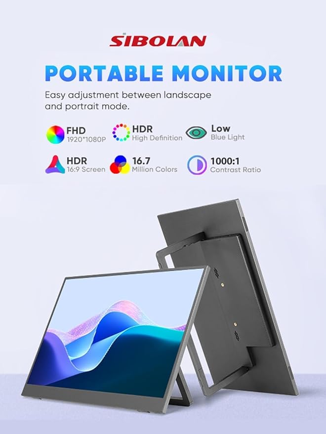 Portable Monitor 18.5inch 1080P FHD 100Hz Refresh Rate Gaming Monitor 72% sRGB IPS Panel Dual USB-C &amp Mini-HDMI for Laptop PC Phone Built-in Kickstand Speakers