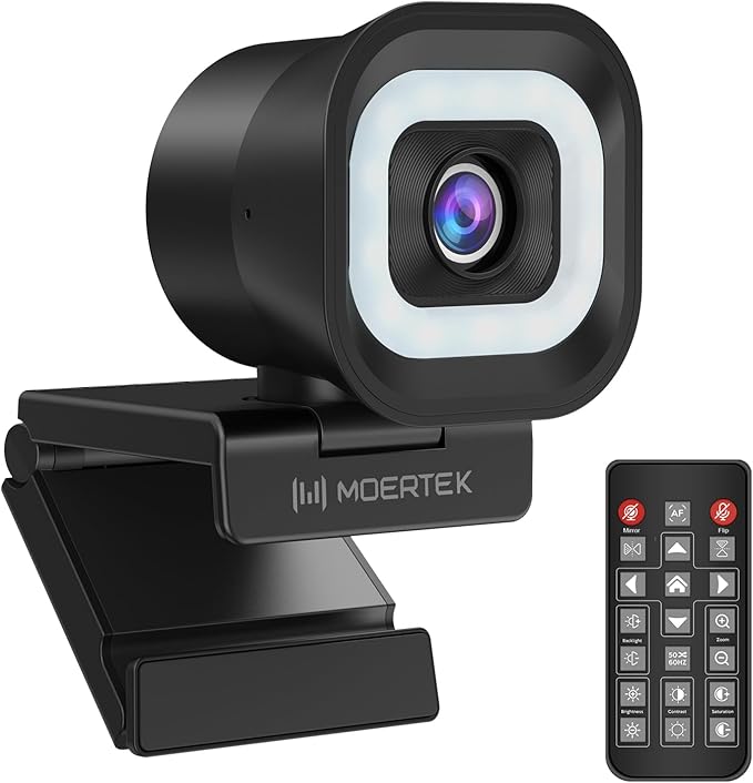 4K Webcam with 5-Level LED Light 12MP Camera USB Webcam with Dual Noise-canceling Microphones PDAF Fast Auto Focus Remote Control 360° Rotation Perfect for Live streaming Online Meeting