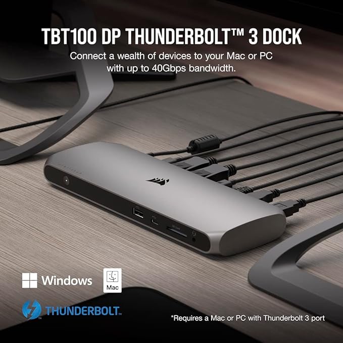 Corsair TBT100 DP Thunderbolt™ 3 Dock with DisplayPort - 2X DisplayPort 1.4 at up to 4K60-2X USB Type-C 10Gbps Ports - 3X USB Type-A 5Gbps Ports