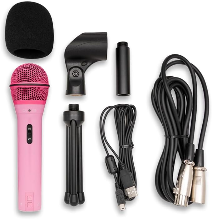 Samson Q2U USB and XLR Handheld Dynamic Microphone with Cardioid Polar Pattern (Pink) Bundle with Shock Mount and Desktop Boom Arm Microphone Stand (3 Items)