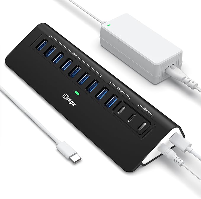 Powered USB Hub 10Gbps intpw YH9AC 12-Port USB C Hub with 10Gbps USB C 3.2 2 USB A 3.2 7 USB 3.0 2 PD 45W Charging Port 65W Power Adapter + 3.3FT Cable Aluminum USB Hub for Laptop/iPhone16/15/PC
