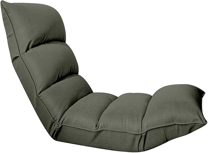 Adjustable Floor Gaming Chair for Adults - Cotton Linen Lounge Chair with 5-Position Adjustable Head Waist and Feet Thick Sponge Padding Sturdy Steel Frame Grey