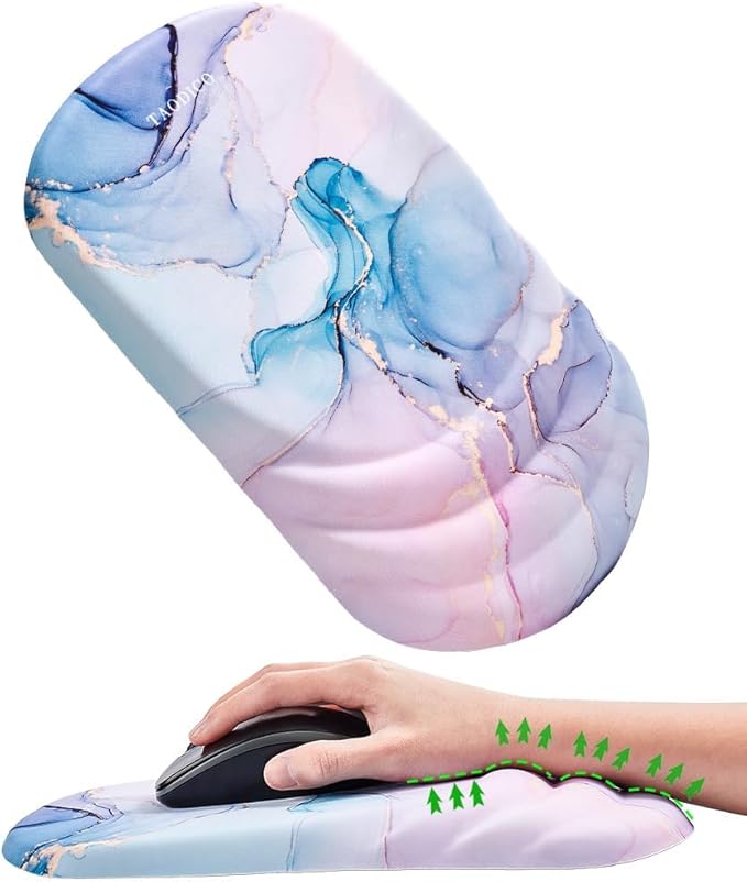 Ergonomic Mouse Pad with Wrist Rest Milk Silk Fabric Durable Silicone Filling Non-Slip Pu Base Massage Design Pain Relief Mousepad for Wireless Mouse and Desk 12x8inch Pink Marble