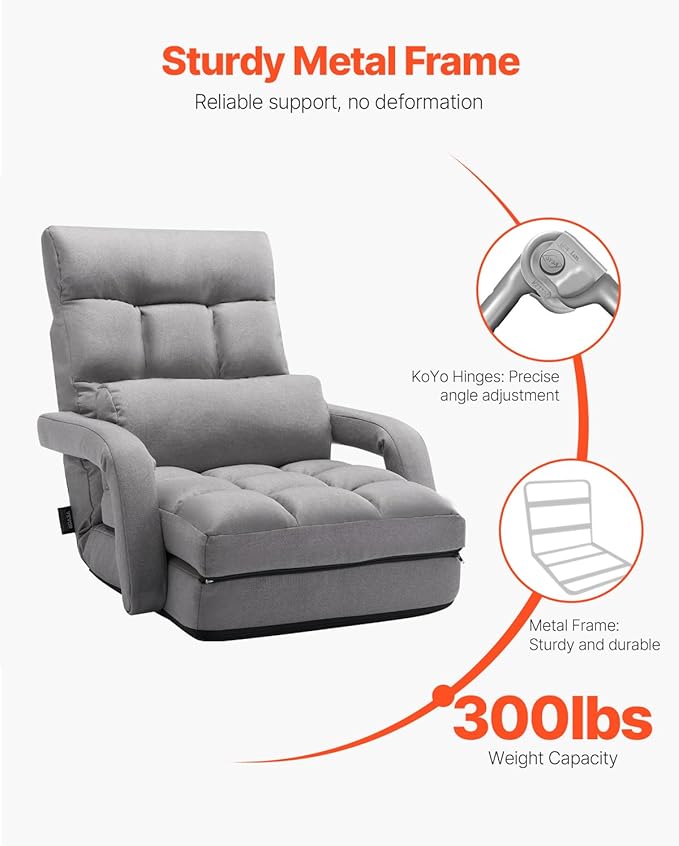 VEVOR Floor Chair Floor Gaming Chair with 5 Adjustable Position and Back Support Folding Sofa Chair with Armrest for Adults Sofa Lounger Bed with Back Cushion for Living Room and Bedroom Gray