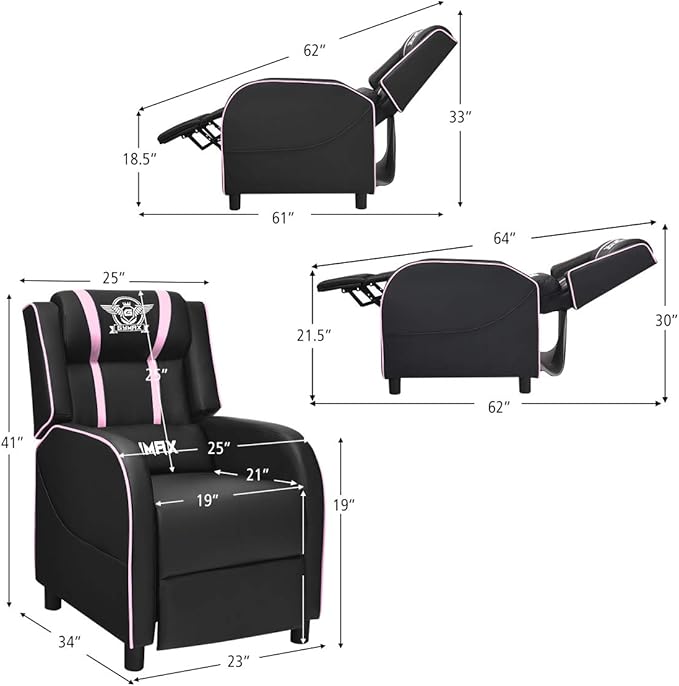 POWERSTONE Gaming Recliner Chair Reclining Gaming Chairs for Adults Ergonomic Leather Sofa with Footrest Lumbar Support Headrest and Side Pouch for Living Room Home Theater Pink