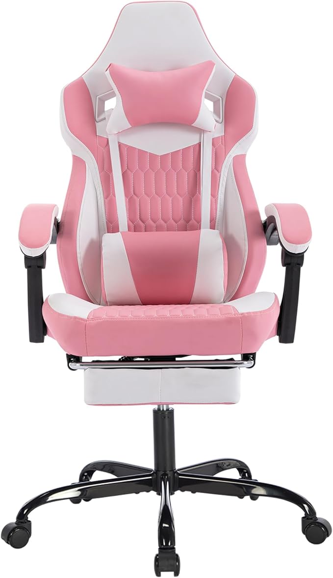 White and Pink Gaming Chair Ergonomic - Racing Style High Back Gamer Chair with Footrest Adjustable Lumbar Massage Linkage Armrests &amp 90-135° Recline - Leather Computer Game Chair for Adults