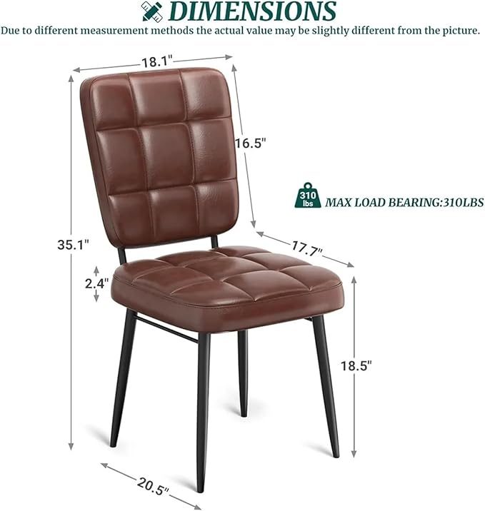 Adjustable Office Computer Chair with Armrest 2pcs Leather Upholstered Dining Chairs with Thick Cushion High Backrest and Metal Legs(Brown)