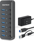 Powered UBS Hub RSHTECH 7 Port USB 3.0/USB C Hub Upgraded Version Aluminum USB Splitter with 2-in-1 USB Cable5V 3A Power Adapter and Individual Switches USB Port Expander for Laptop/PC RSH-ST07