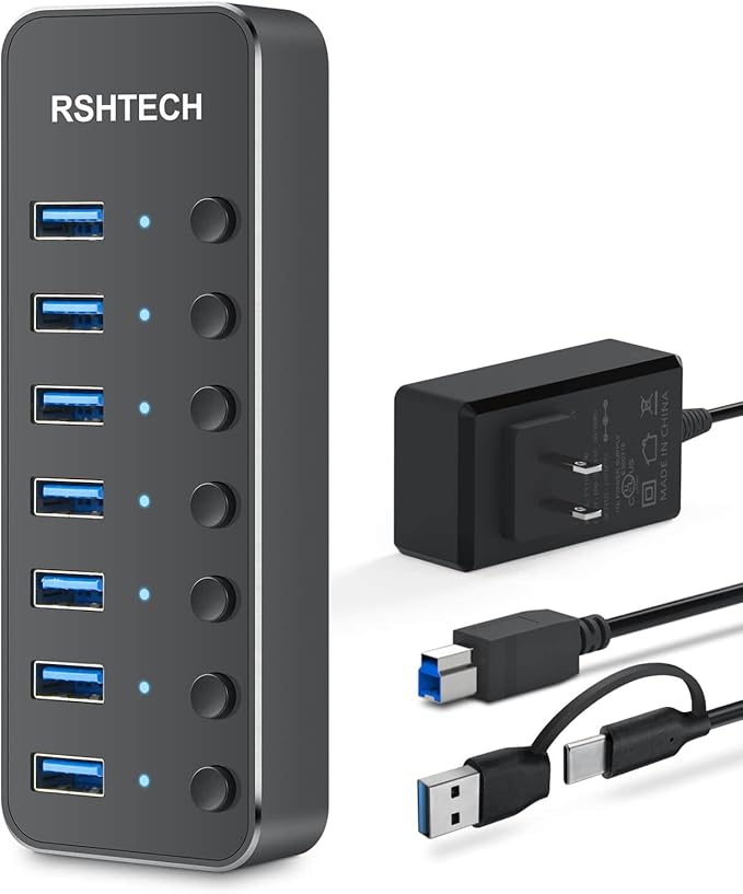Powered UBS Hub RSHTECH 7 Port USB 3.0/USB C Hub Upgraded Version Aluminum USB Splitter with 2-in-1 USB Cable5V 3A Power Adapter and Individual Switches USB Port Expander for Laptop/PC RSH-ST07