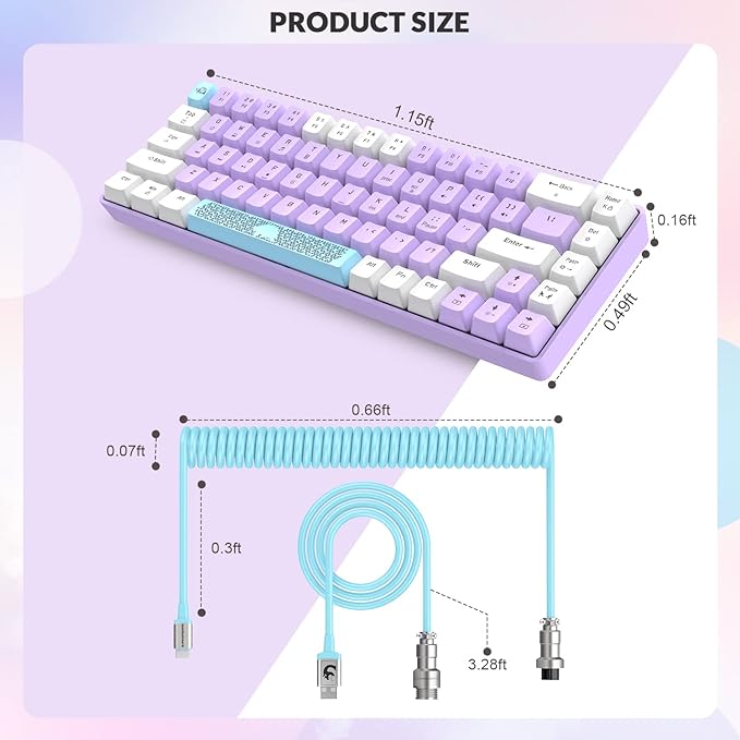 T8 60% Mechanical Gaming Keyboard68 Keys TKL Compact US Layout Wired Keyboard18 Chroma RGB BacklitBlue SwitchFull Anti-ghostingPro Custom Coiled USB-C Cablefor PCMacPS4Xbox-Lavender