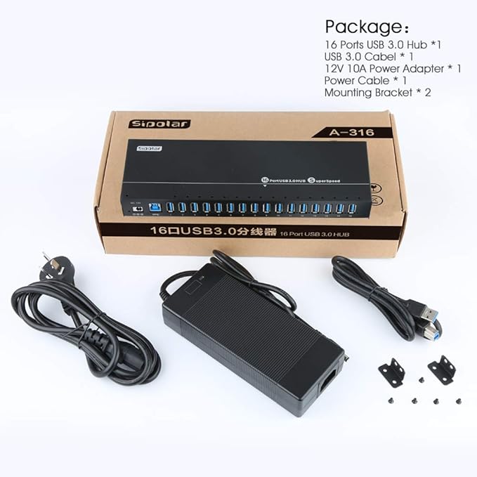 Powered USB Hub - 16 Ports 120W USB 3.0 Hub - Charging hub for Multiple Device with 12V/10A Power Adapter - Output of Max 1.2A Per USB Port - Meta Casing - LEDs - Din-Rail/WallMount Hub