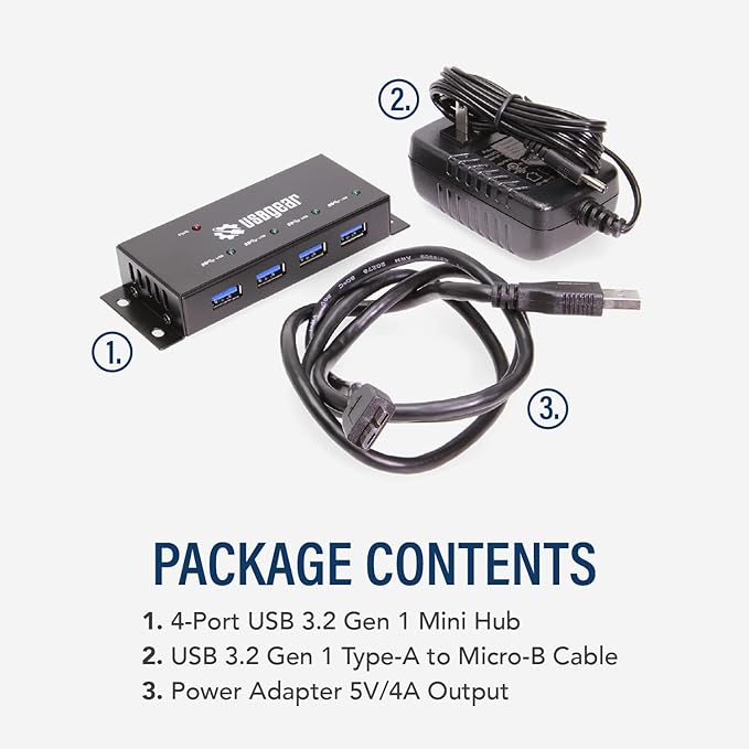 USBGear Compact 4-Port USB 3.2 Gen 1 Mini High-Power Hub w/Power Adapter Port Status LEDs 5 Gbps Data Surface Mountable