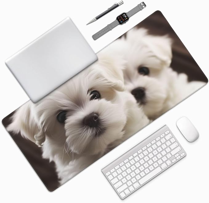 Gaming Mouse Pad Extended Full Keyboard Mat with Stitched Edges Anime Large Desk Pad with Non-Slip Base Cute Maltese Puppy Mouse Mat for Gaming and Office 16 x 35.5 inches Mousepad