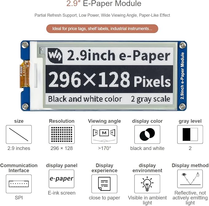 2.9inch e-Paper Display Module 296x128 Resolution 3.3V/5V Two-Color epaper Display E-Ink Screen Module SPI Interface Compatible with Raspberry Pi/Arduino/Jetson NanoSupport Partial Refresh