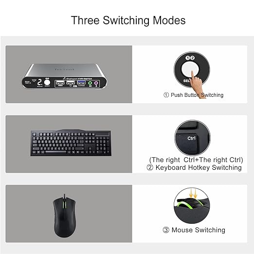 2 Port DP USB 3.0 Automatic KVM Switch Two Computers 1 DisplayPort Monitor switcher 8K@30Hz 4K@144Hz Aluminum hotkey Audio mic Digital Display HDR10 with Cables
