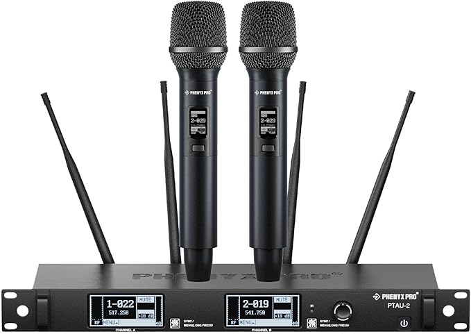Phenyx Pro Dual-Channel Wireless Microphone System Dynamic Mics w/ID Lock Tunable Power Level Auto Scan Spectrum Analyzer True Diversity Cordless Handheld for Singing DJ Karaoke (PTAU-2)